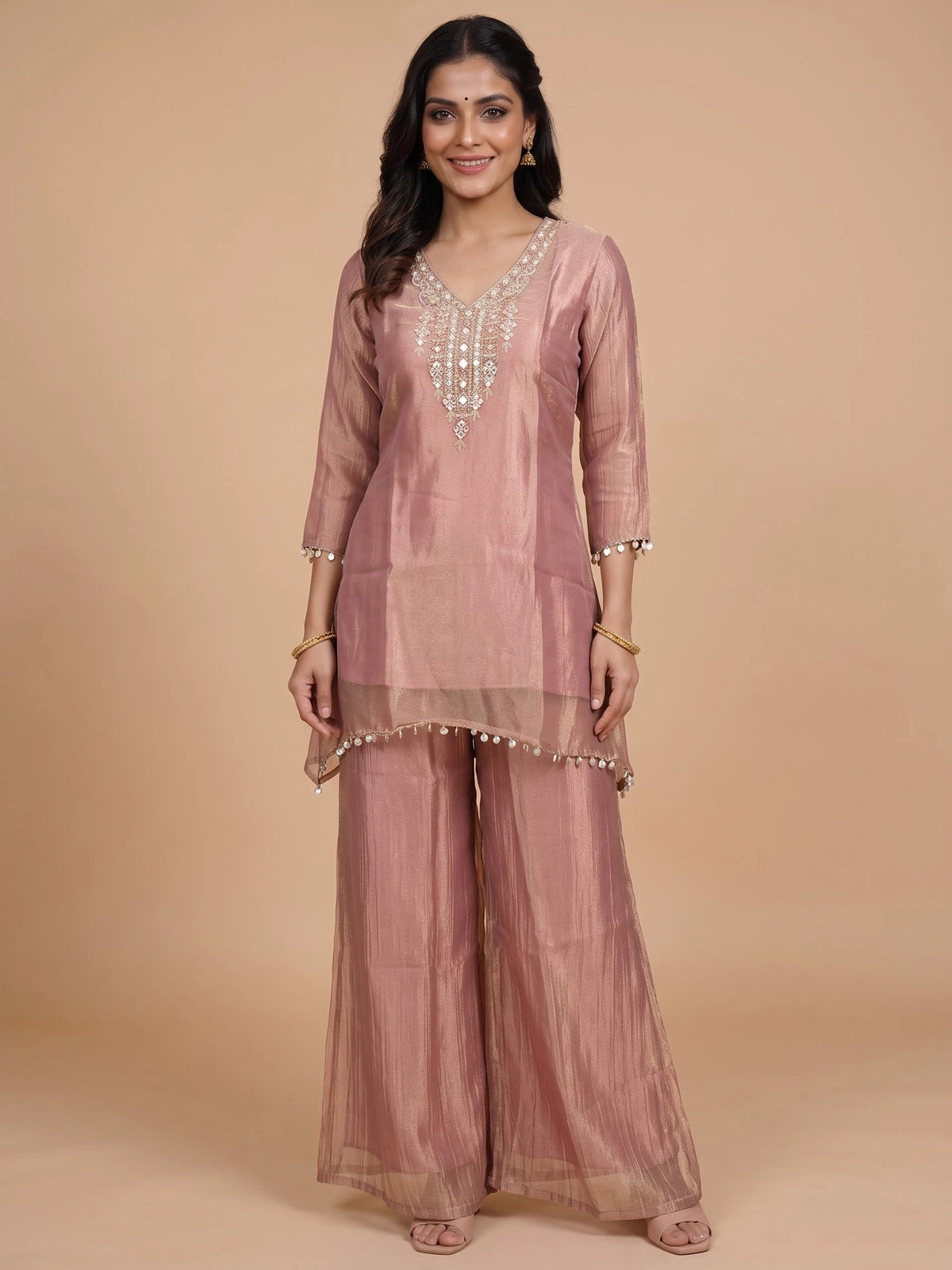Dusty rose tissue silk co-ord set with embellished V-neck kurti and flared palazzo pants