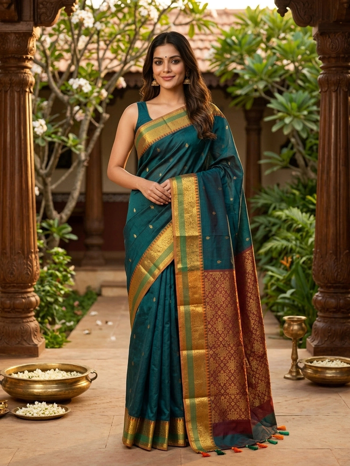 Teal green Chettinad cotton saree with gold zari buttas, temple border and contrast maroon zari pallu