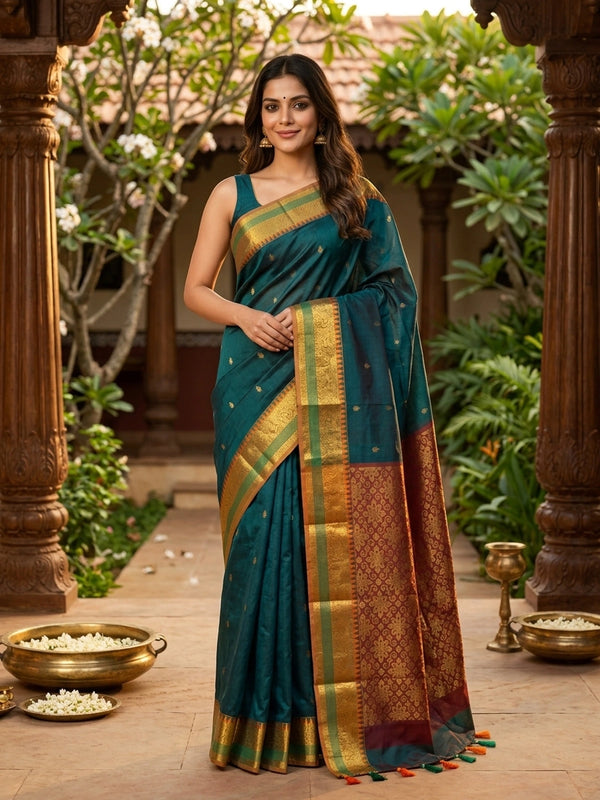 Teal green Chettinad cotton saree with gold zari buttas, temple border and contrast maroon zari pallu