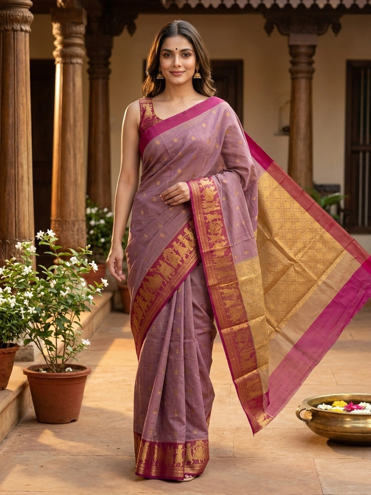 Dusty Mauve and Magenta Chettinad Cotton Saree