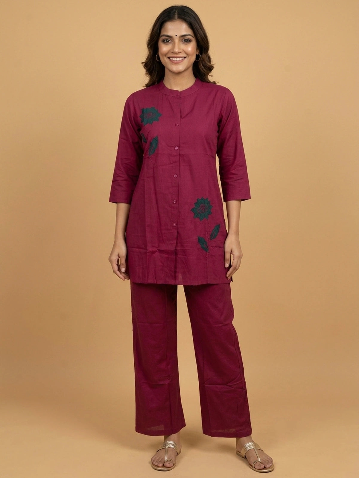 Wine cotton co-ord kurti set with green floral applique and matching straight pants