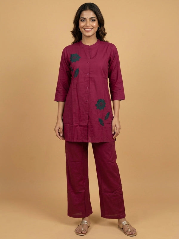 Wine cotton co-ord kurti set with green floral applique and matching straight pants
