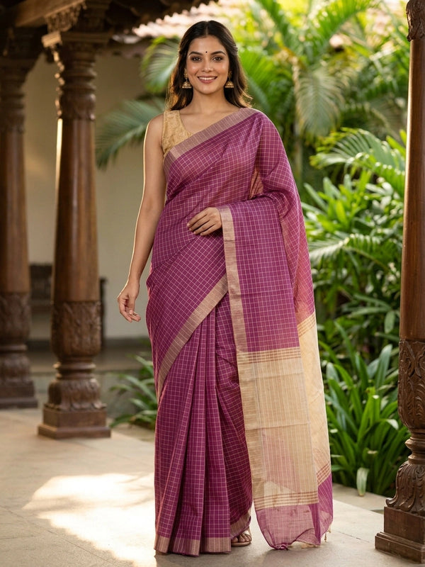 Magenta linen cotton saree with gold zari checks and contrast cream zari-striped pallu