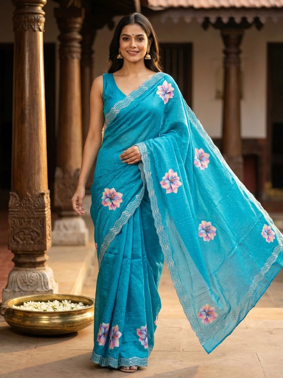 Teal blue designer art silk saree with multicolour floral prints and stone-work scalloped border