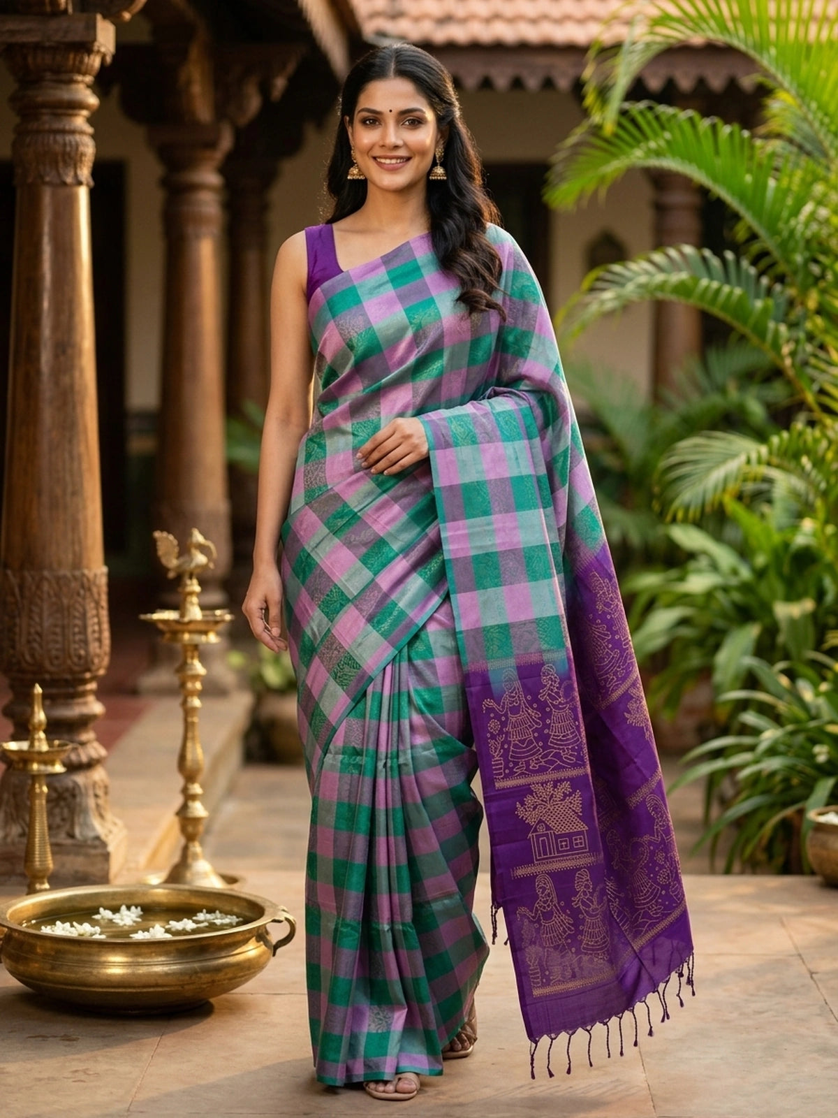 Green Pink and Purple Checked Pure Soft Silk Saree