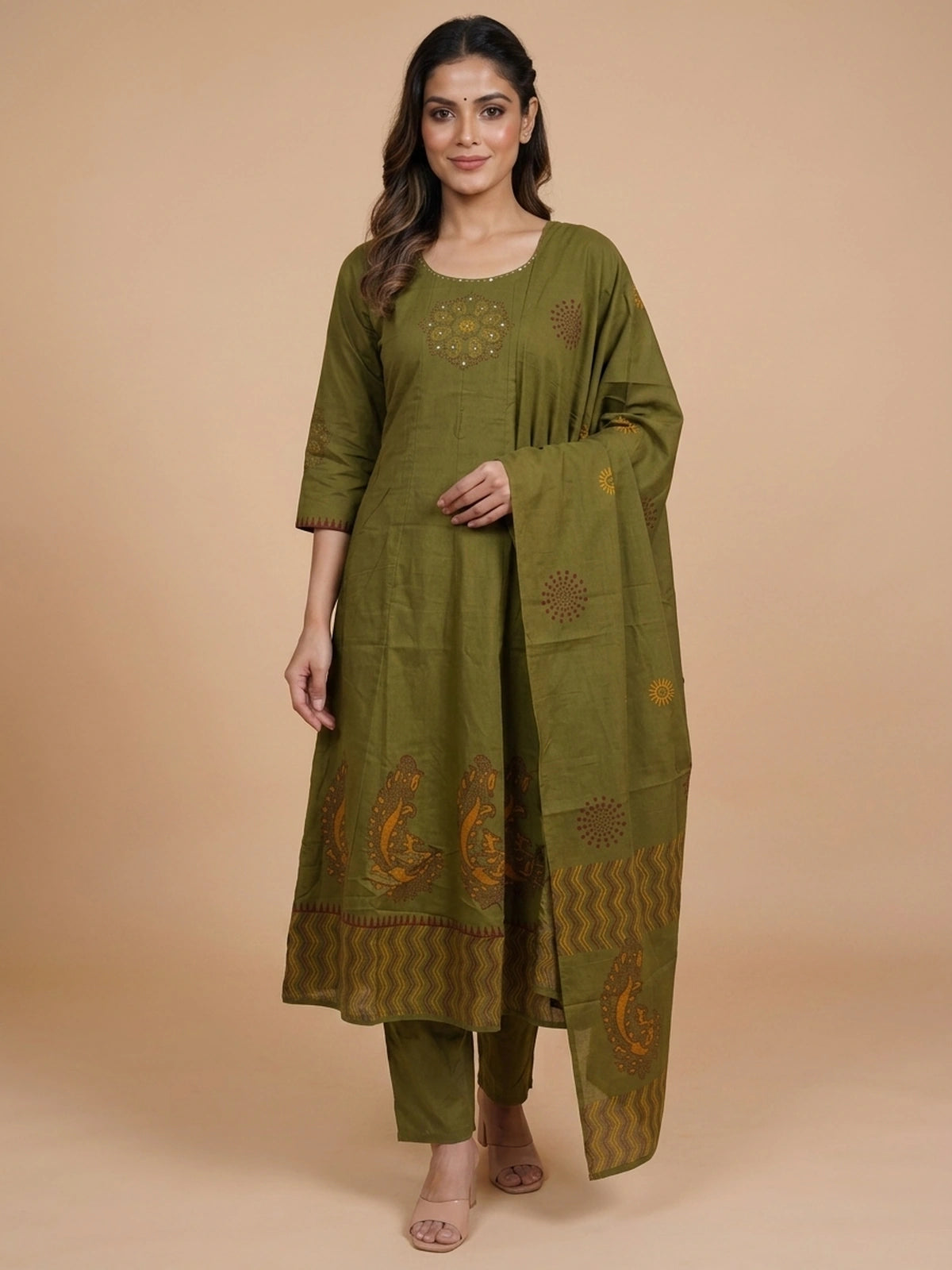 Mehendi Green Cotton Mirror Work Anarkali Kurti Set with printed dupatta and straight pants