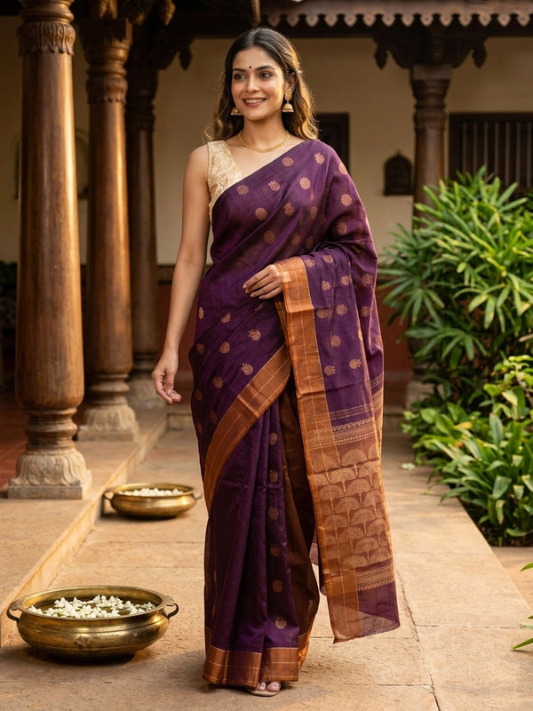 Purple pure silk cotton saree with copper zari buttas and contrast copper-gold zari border and pallu