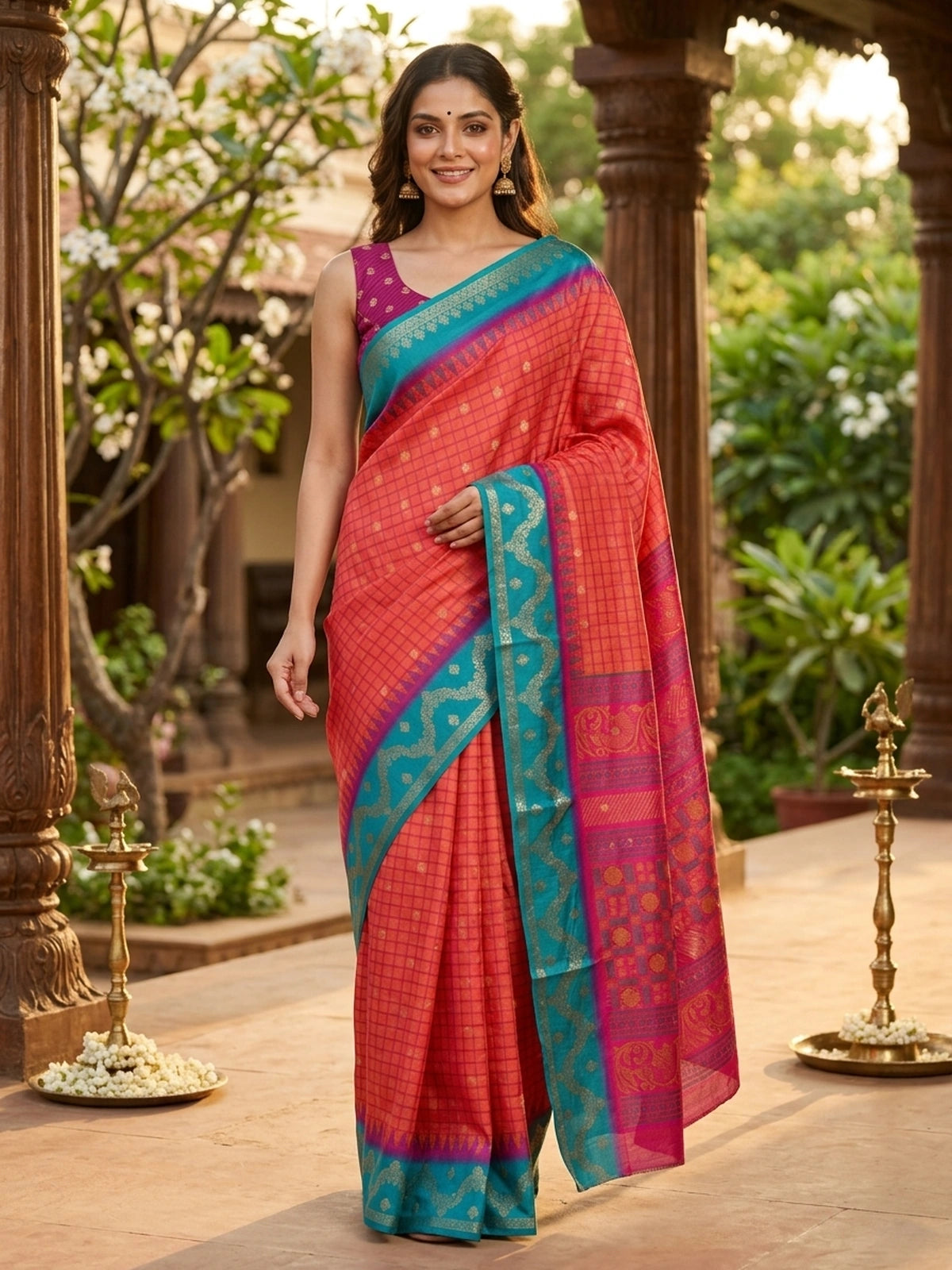Coral Red and Teal Blue Dola Silk Saree