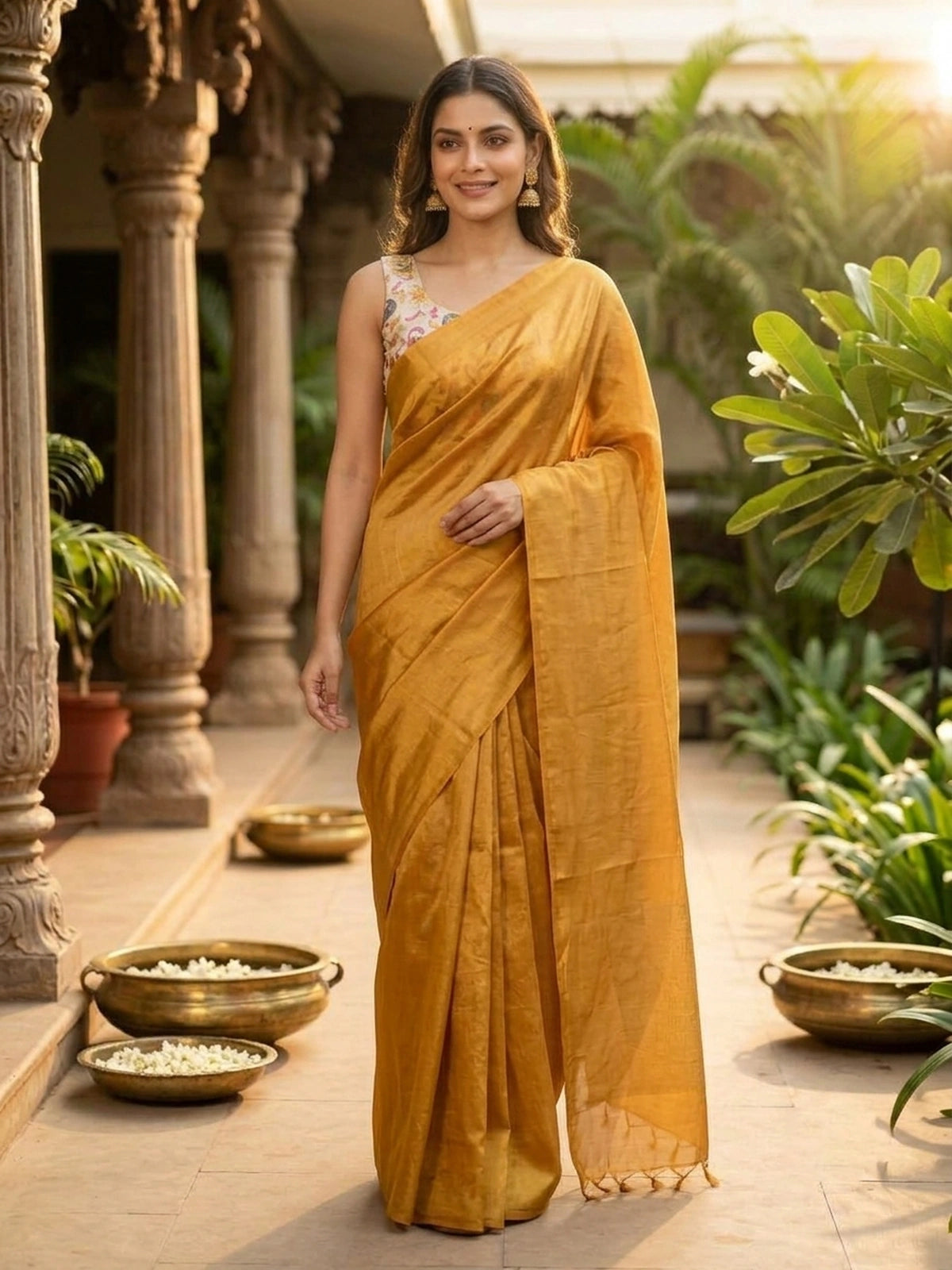 Mustard Yellow Designer Embroidery Work Tissue Saree