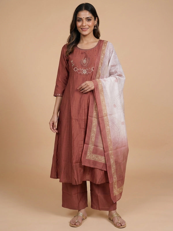 Rust cotton Anarkali kurti set with paisley embroidered yoke, straight pants, and printed cream dupatta