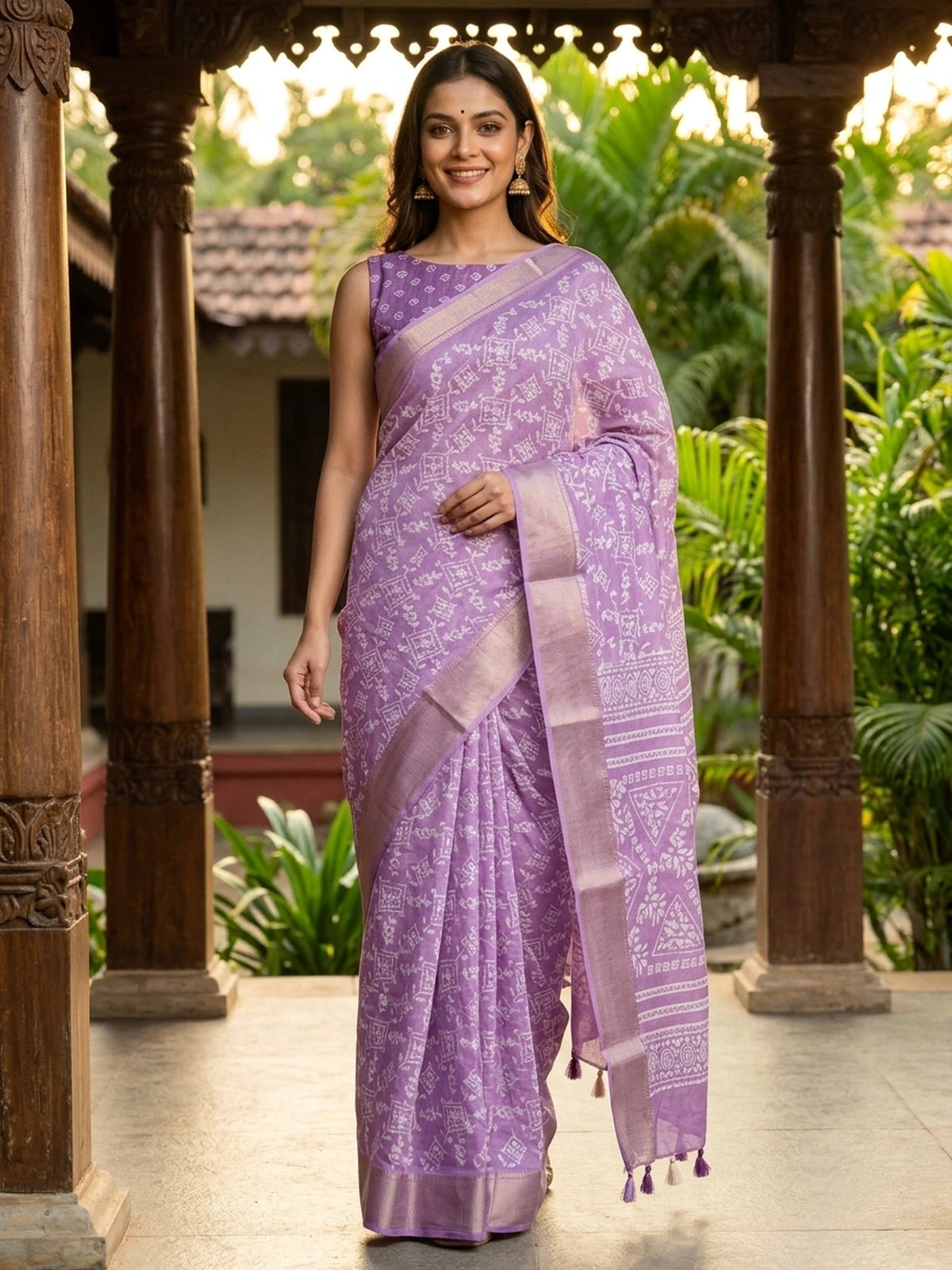 Lavender and White Designer Zari Work Cotton Saree