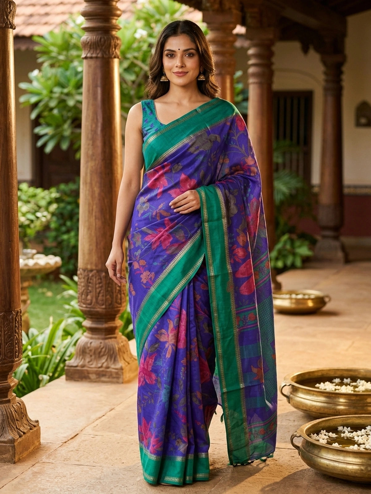 Violet blue Dola silk saree with floral print body and contrast teal green gold zari border