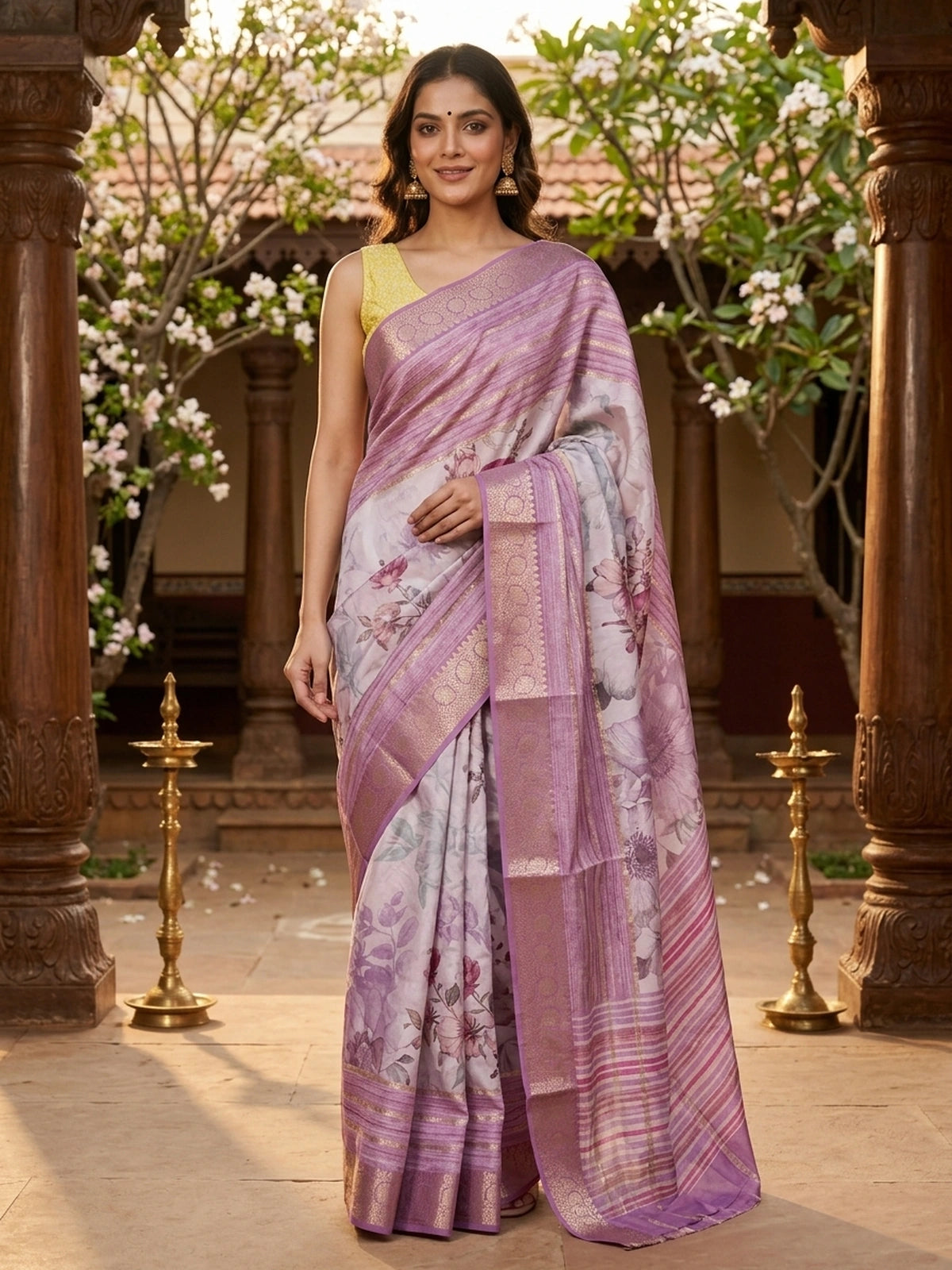 Lilac and mauve floral Dola silk saree with gold zari border and printed pallu