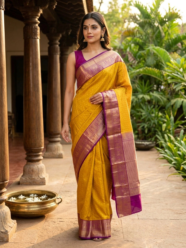 Mustard yellow pure Kanchipuram silk saree with magenta contrast gold zari border and pallu
