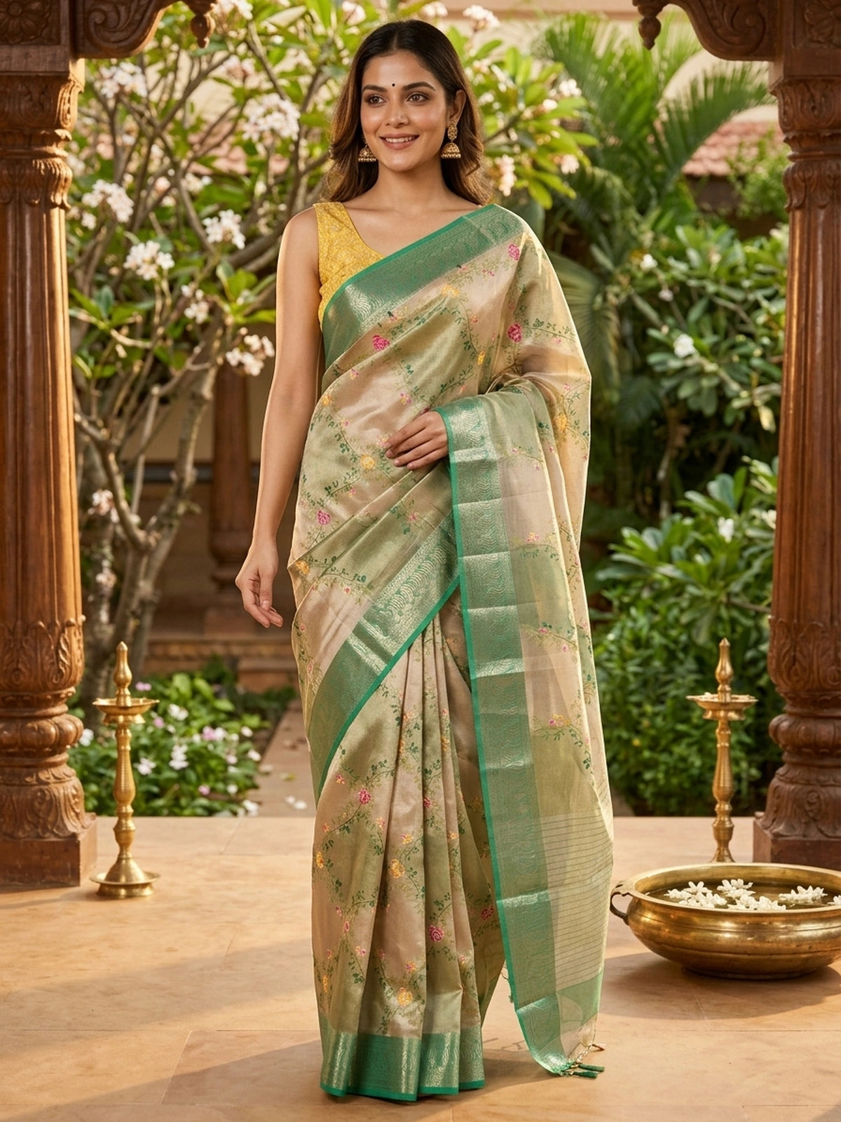 Cream and Green Semi Raw Silk Saree