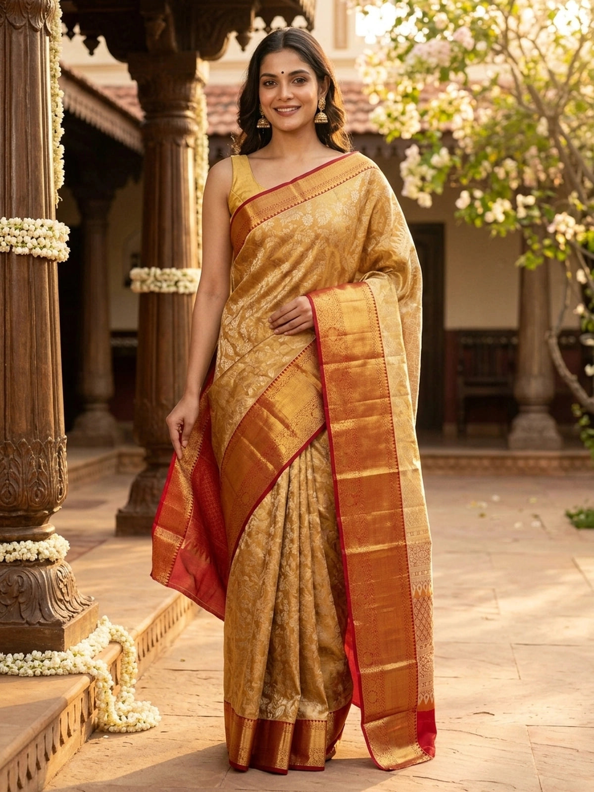 Mustard Gold and Red Pure Kanchipuram Silk Saree