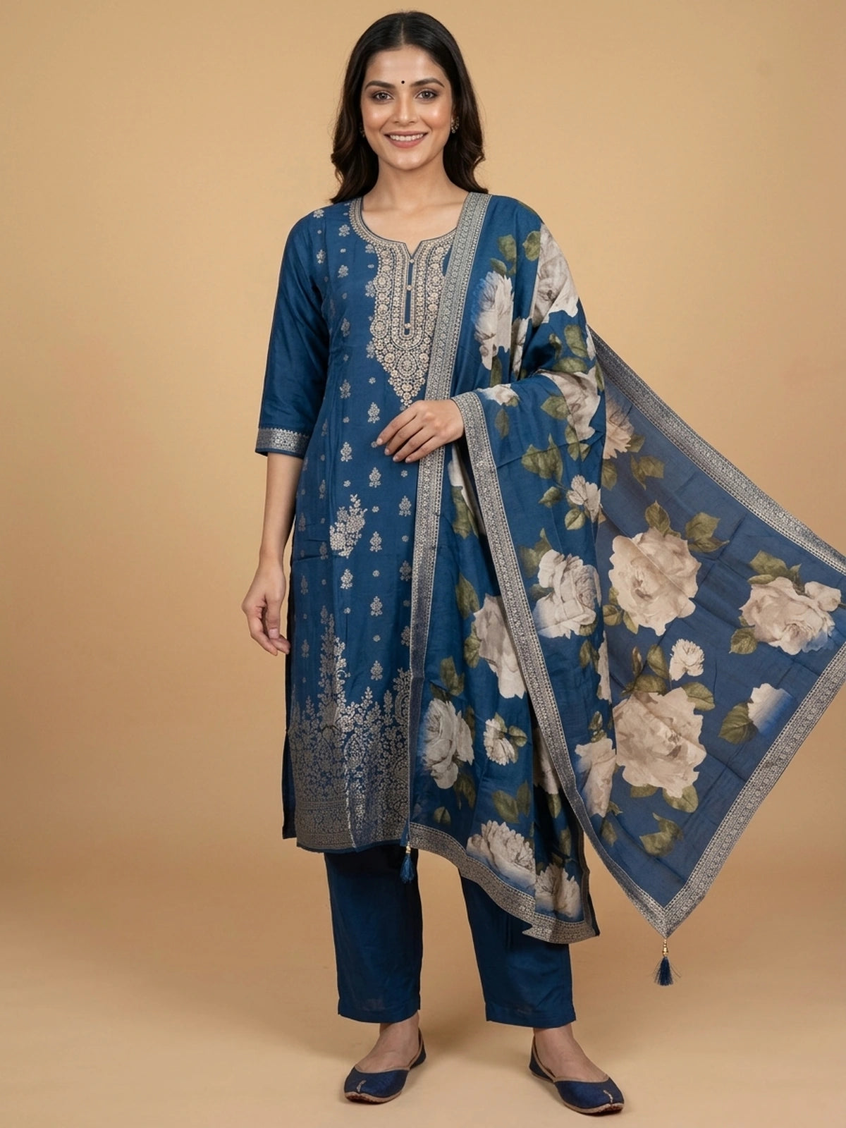 Peacock Blue Zari woven straight cut kurti set with embroidered neckline and floral printed dupatta