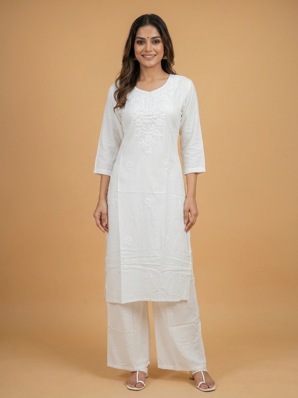 White cotton Chikankari embroidered straight cut kurti set with palazzo pants and dupatta