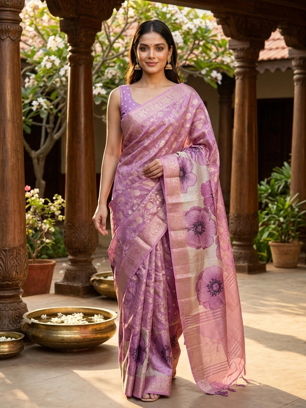 Mauve semi tussar saree with gold zari floral jaal and purple floral printed pallu