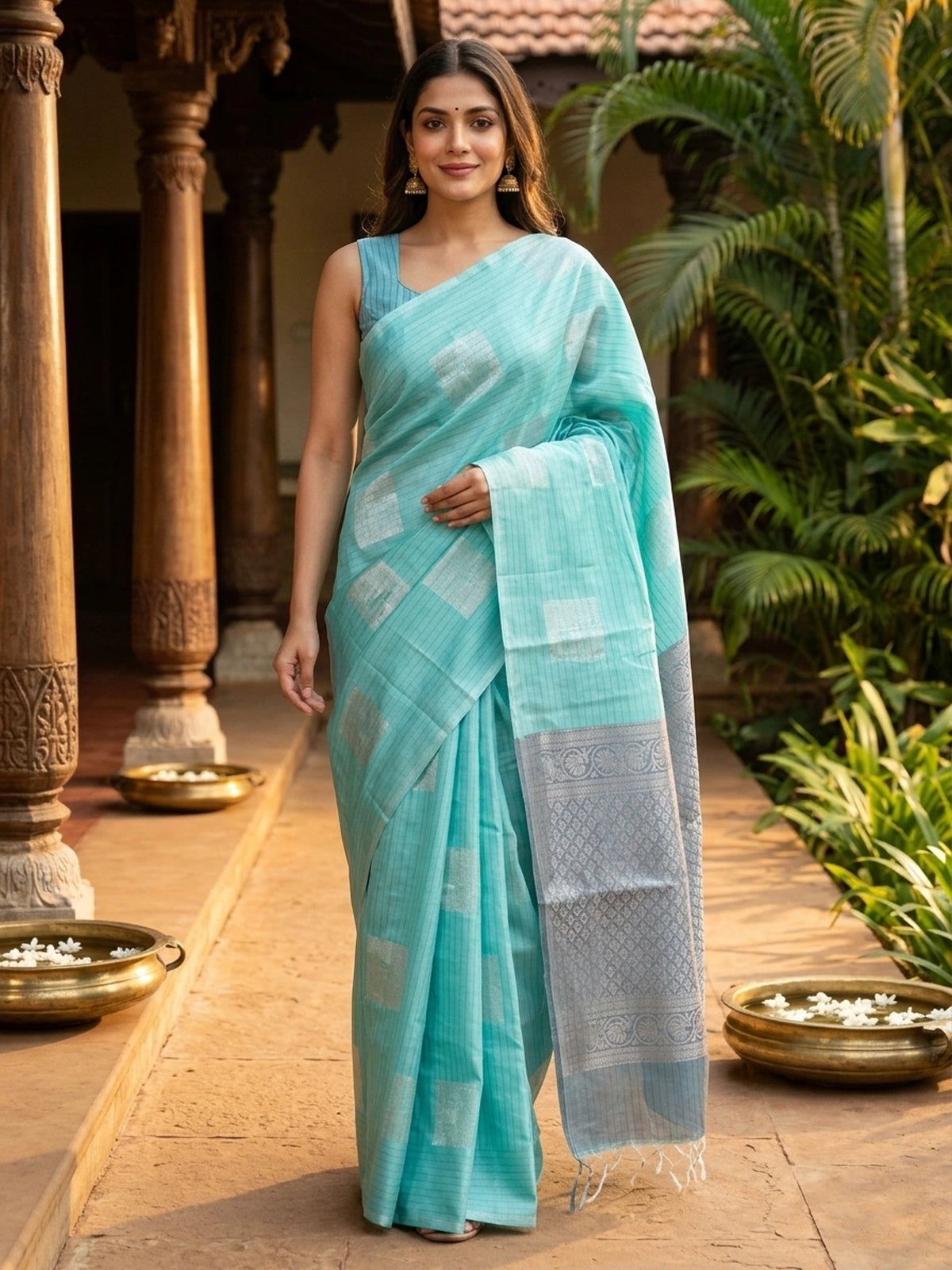 Aqua Blue and Grey Silk Cotton Saree
