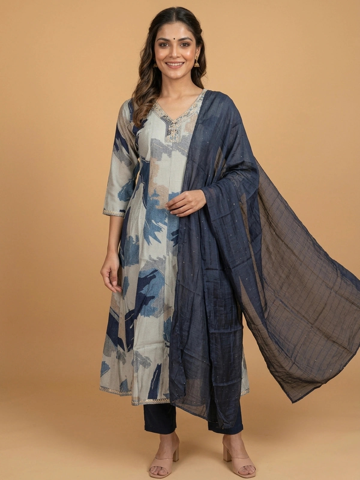 Cream and blue abstract print A-Line kurti set with zari embroidered neckline and navy dupatta
