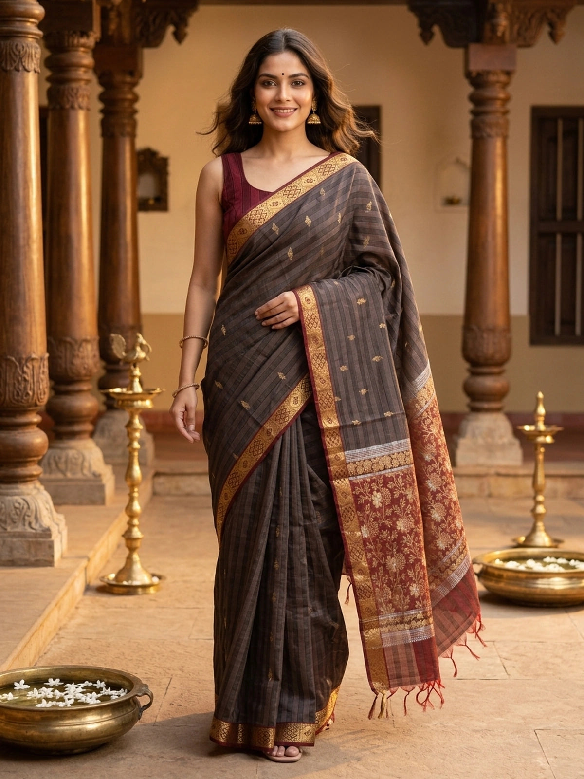 Coffee brown pure silk cotton saree with striped body, gold zari buttas, maroon contrast border and floral zari pallu