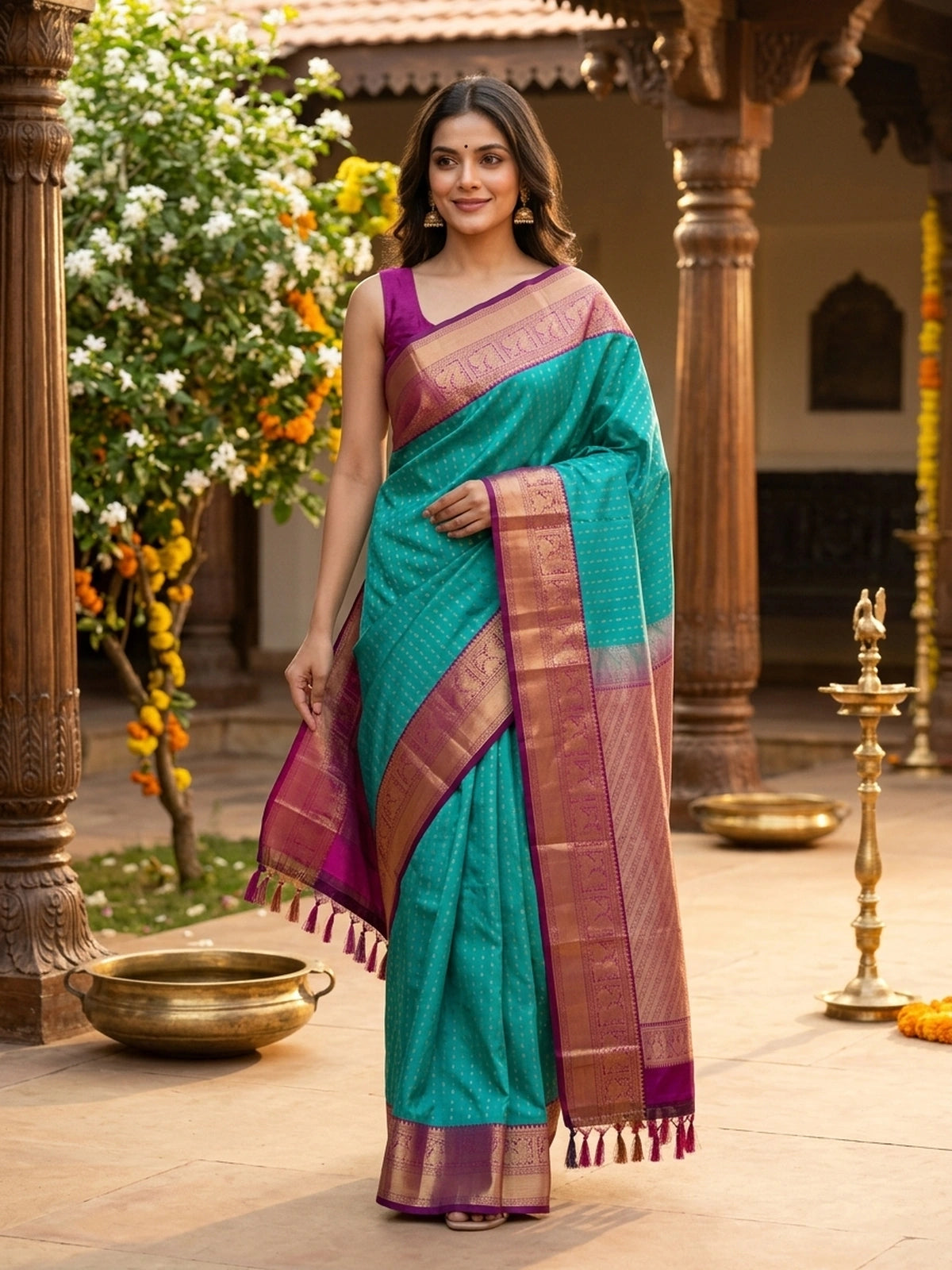 Teal and Magenta Pure Kanchipuram Silk Saree