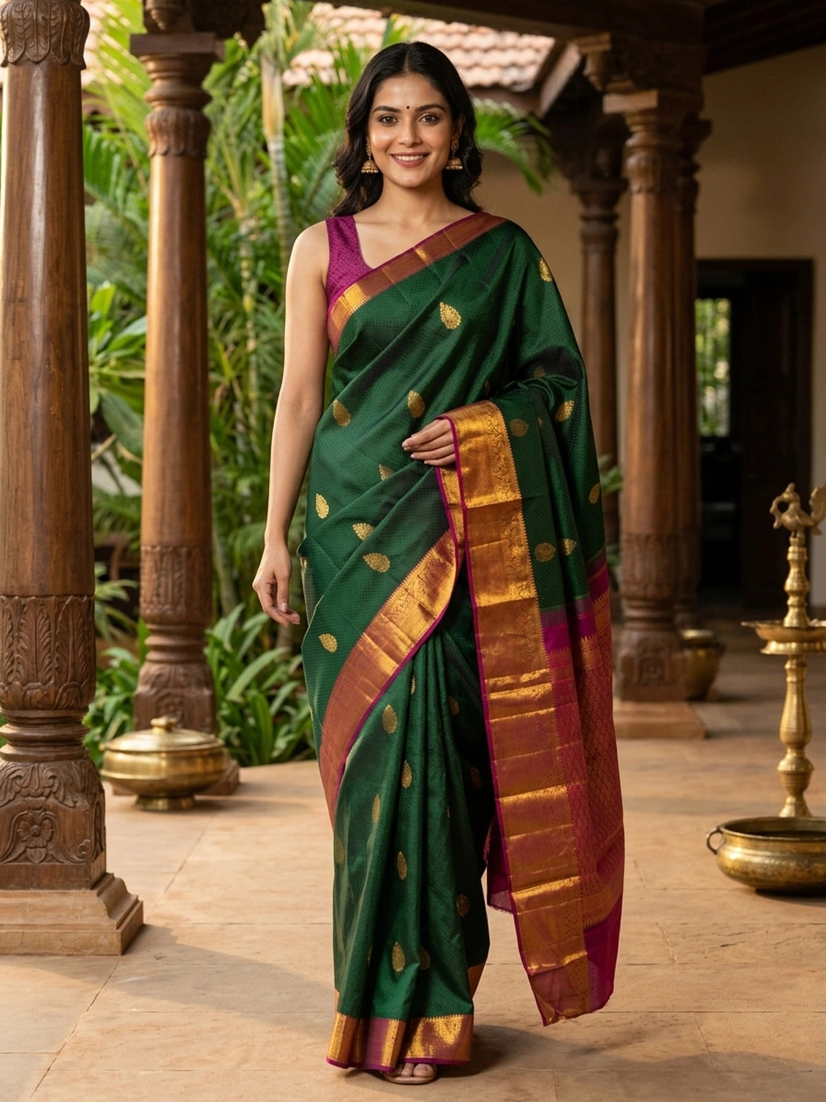 Bottle green pure Kanchipuram silk saree with magenta and gold zari contrast border and zari brocade pallu