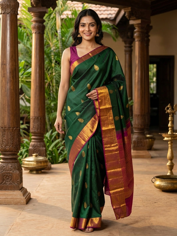 Bottle green pure Kanchipuram silk saree with magenta and gold zari contrast border and zari brocade pallu
