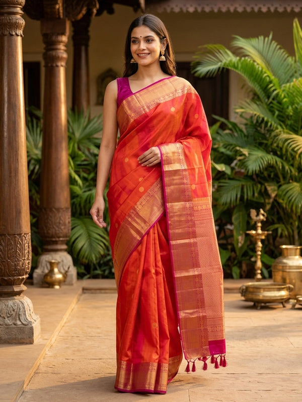 Orange pure Kanchipuram silk saree with contrast pink border and gold zari buttas