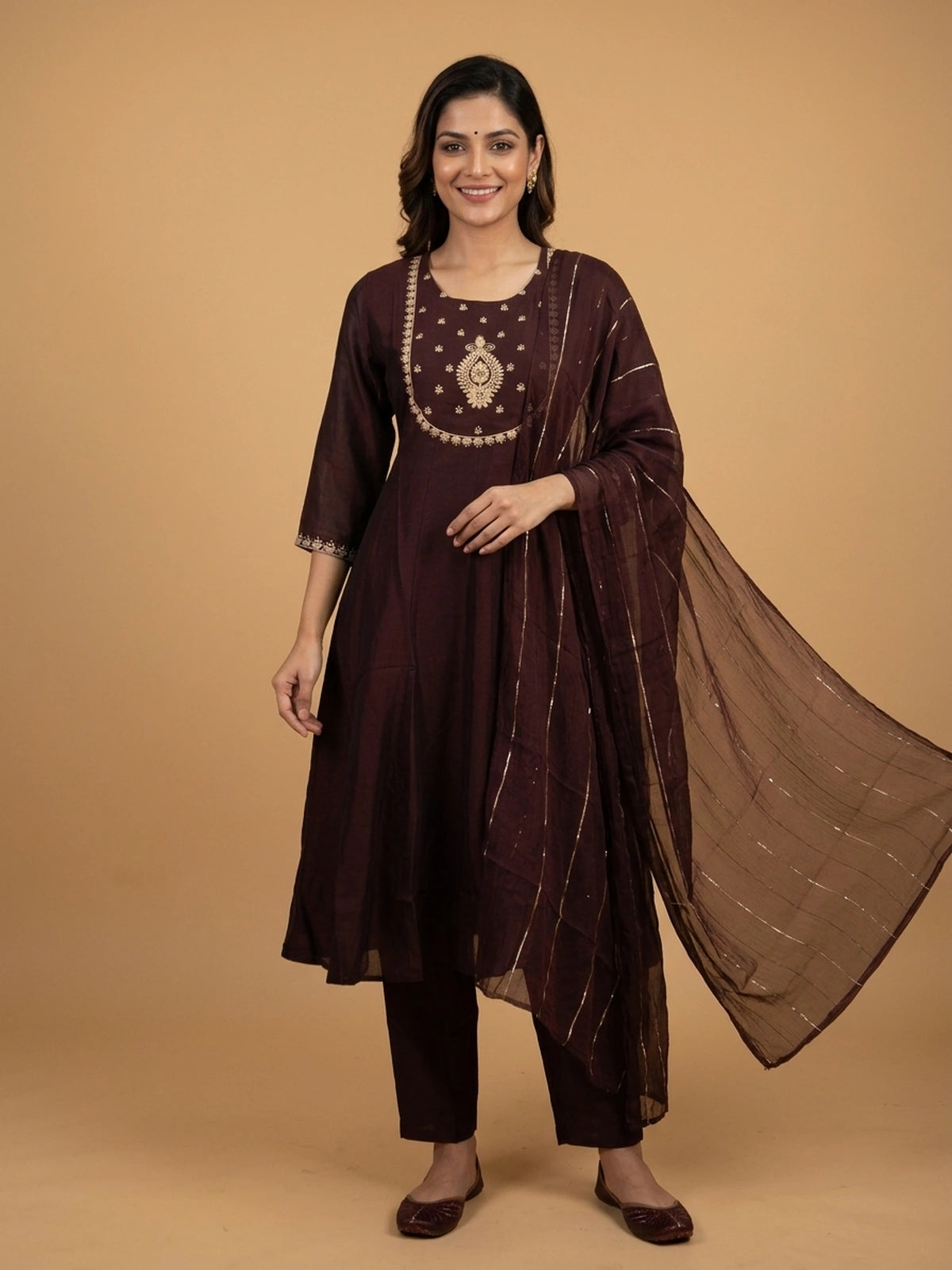 Wine art silk Anarkali kurti set with gold zari embroidered yoke and matching dupatta