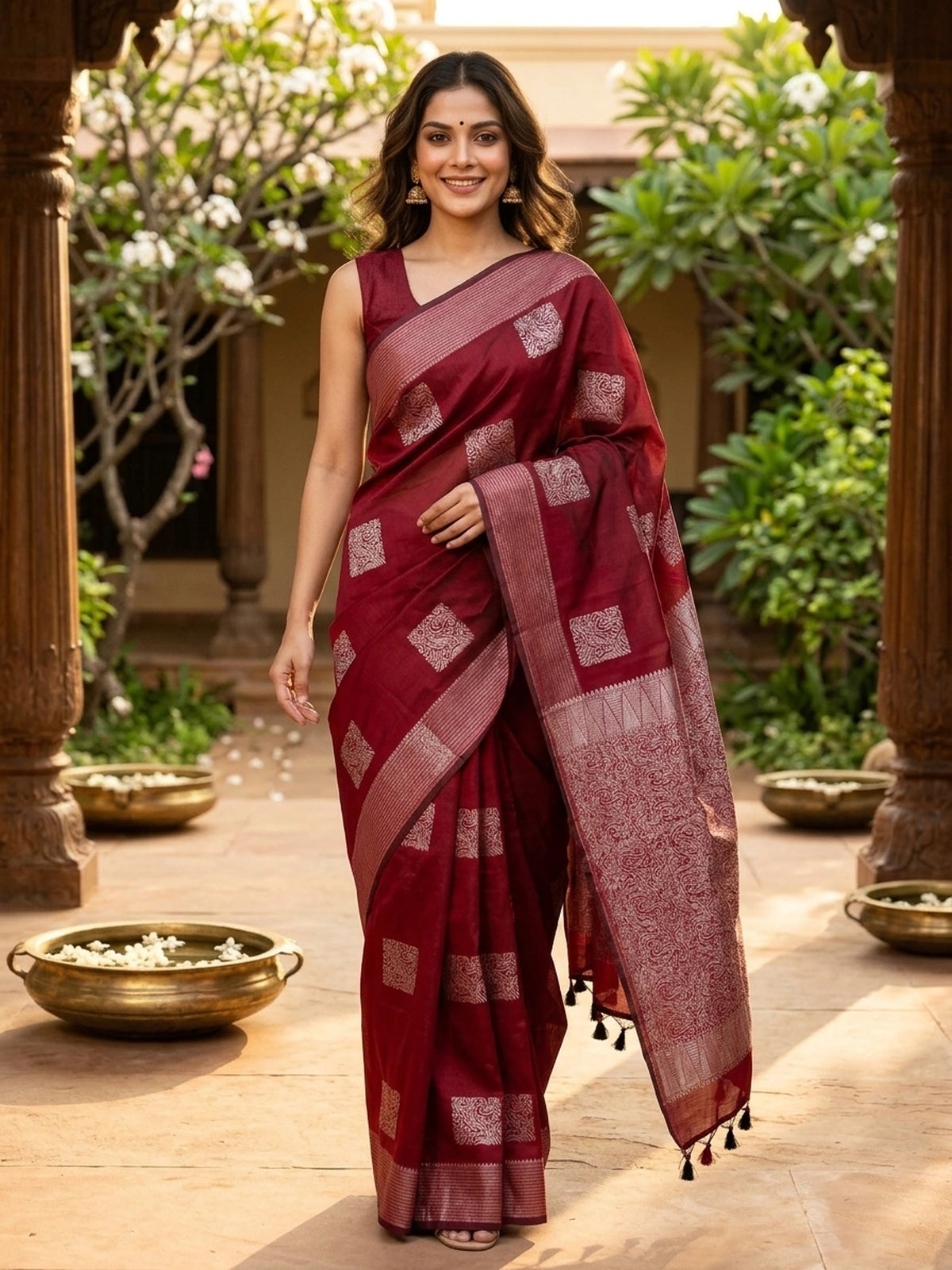 Maroon and Silver Silk Cotton Saree
