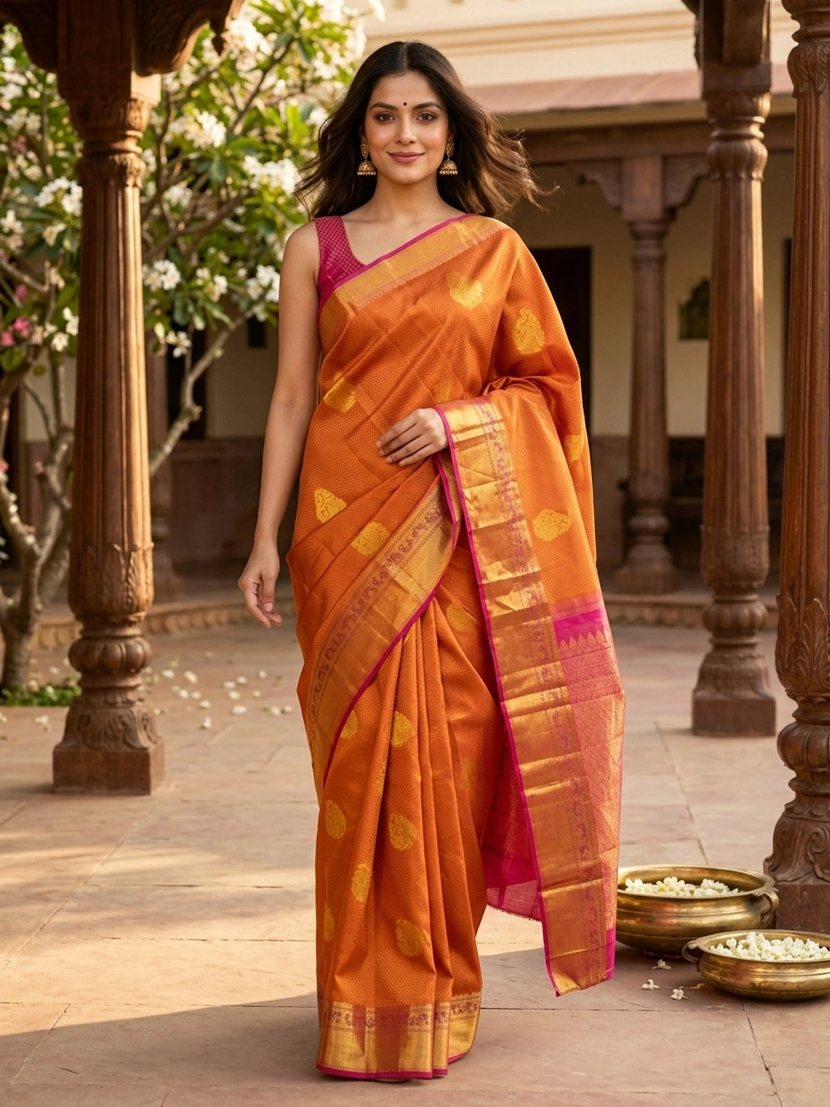Rust Orange and Pink Pure Kanchipuram Silk Saree