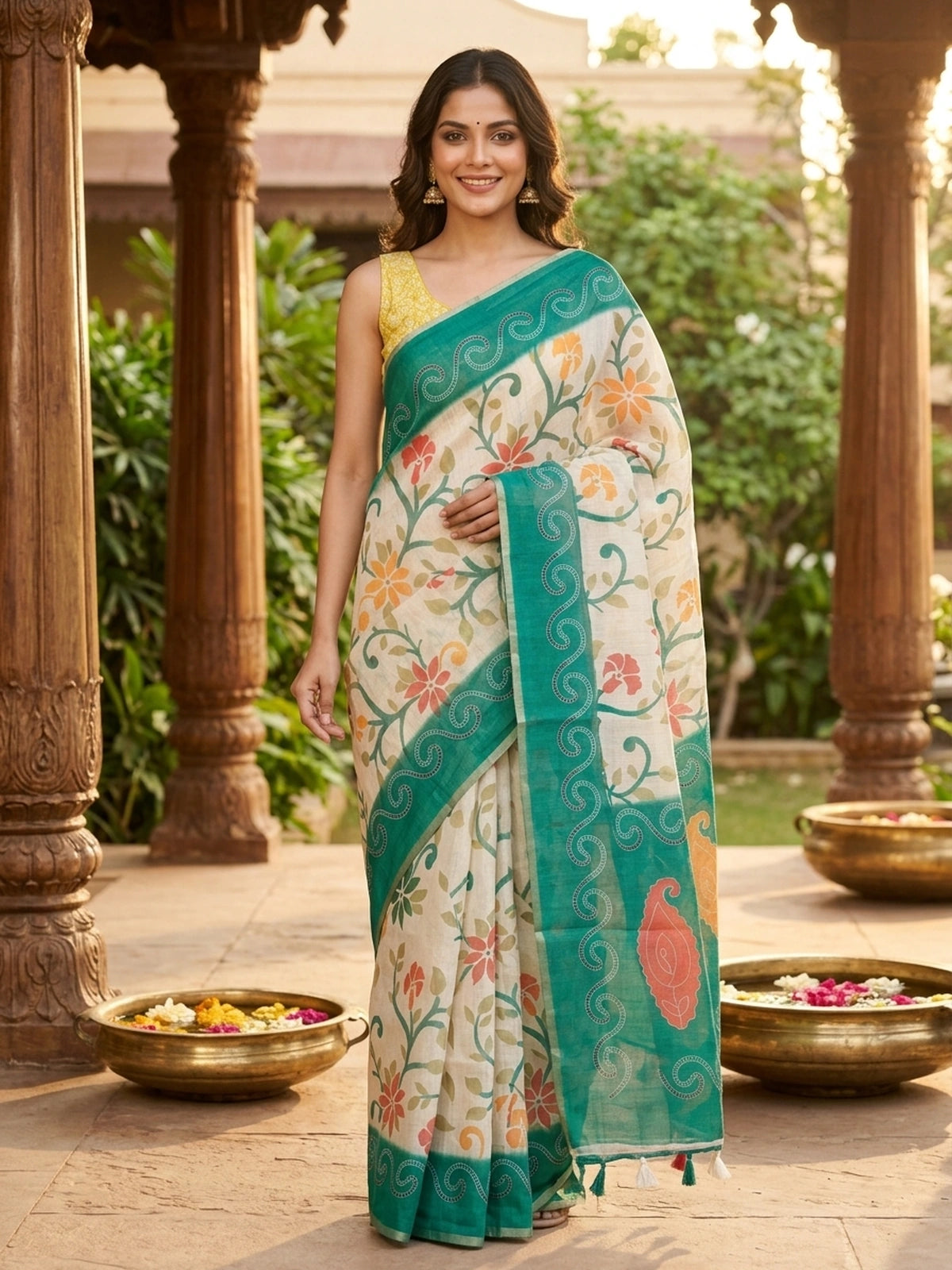 Cream and Teal Green Linen Cotton Saree