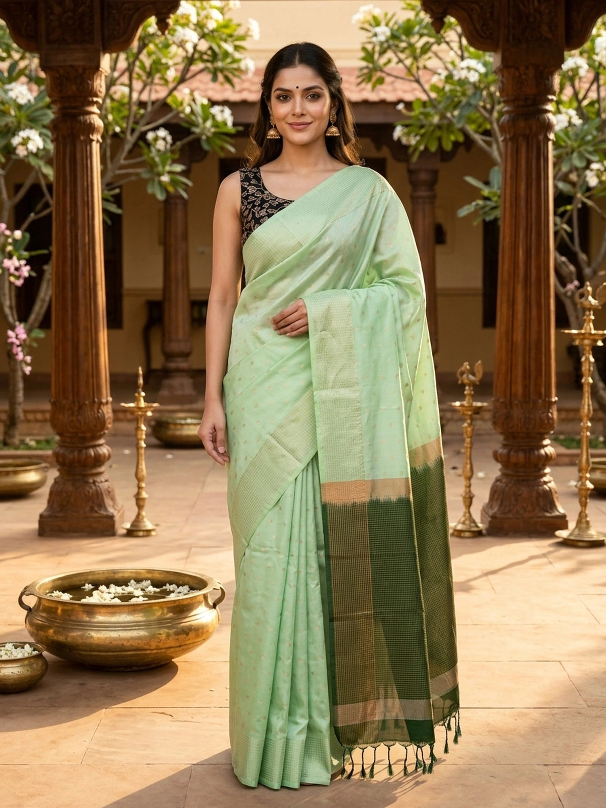 Pastel green Vaira Oosi Design semi silk saree with gold zari butis and contrast dark green zari border