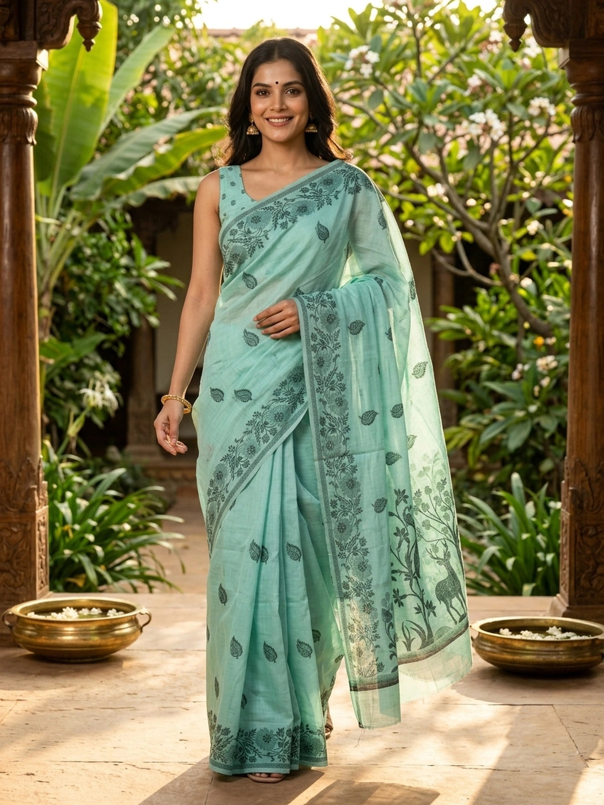 Sea green linen cotton saree with dark teal paisley buttas, floral border and scenic peacock and deer pallu