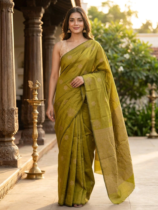 Olive green silk cotton saree with cream woven floral buttas and decorative border