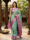Turquoise Green and Lavender Pure Kanchipuram Silk Saree