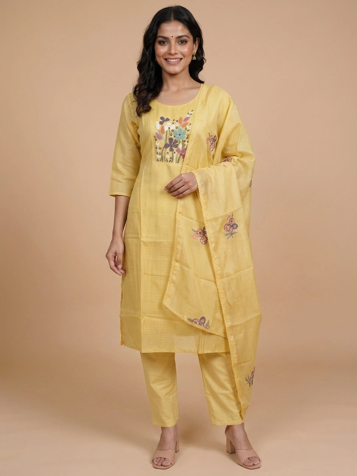 Yellow Kota Doria straight cut kurti set with multicolour beaded floral embroidery and dupatta