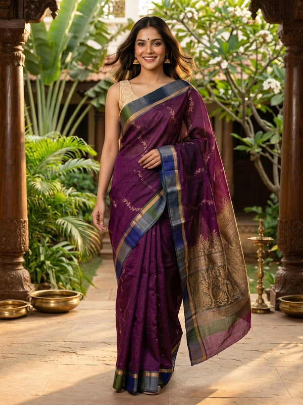 Purple pure silk cotton saree with green contrast zari border and floral lotus pallu