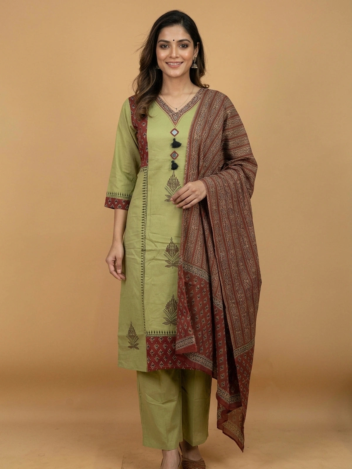 Olive green cotton Ajrakh print straight cut kurti set with mirror work and maroon dupatta