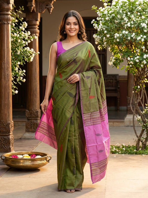 Olive green banana silk saree with contrast pink pallu, gold zari stripes and woven paisley buttas
