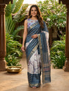 Teal Blue and Cream Semi Tussar Saree