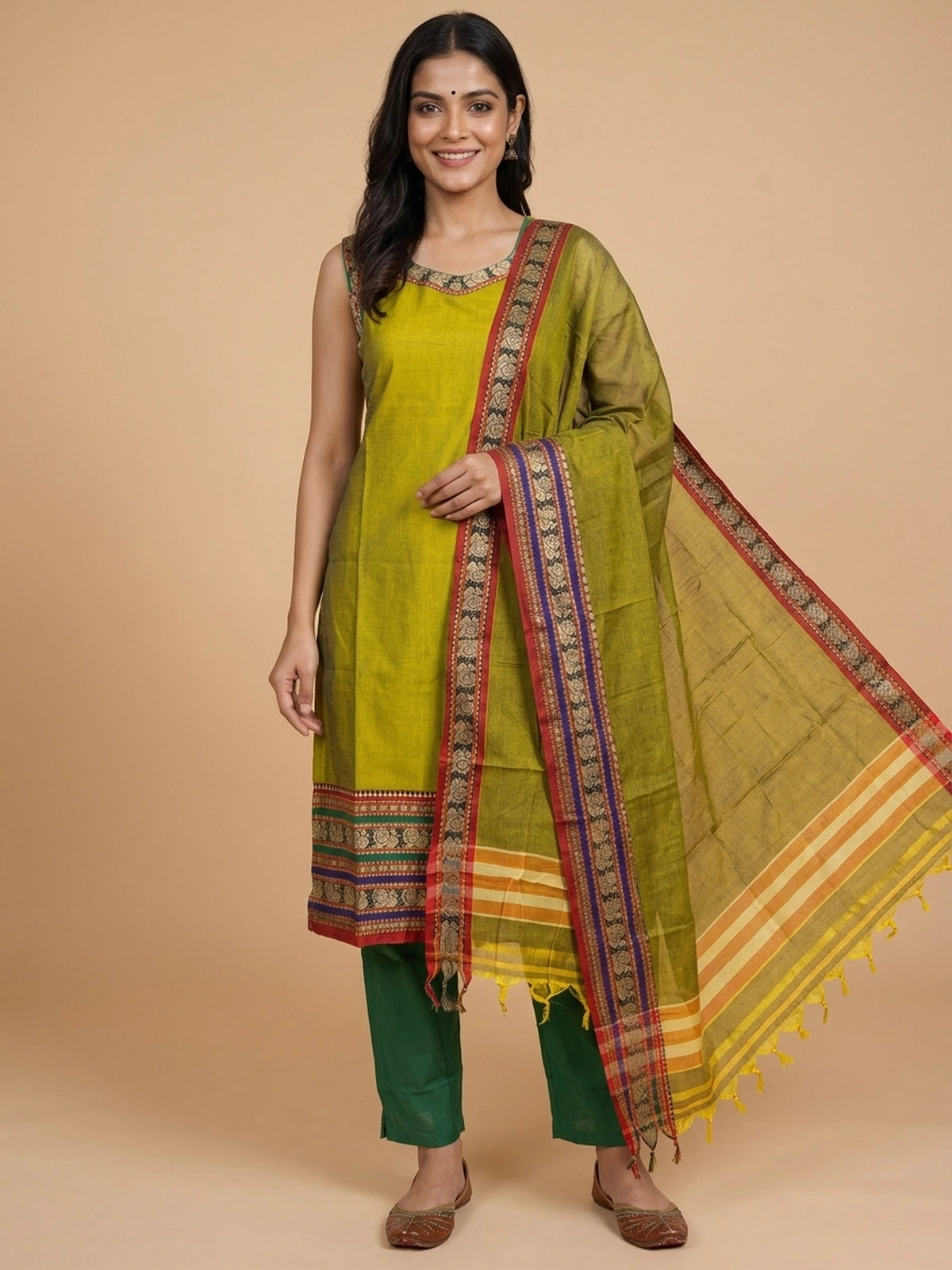 Mehndi green cotton straight cut kurti set with woven peacock border and matching dupatta
