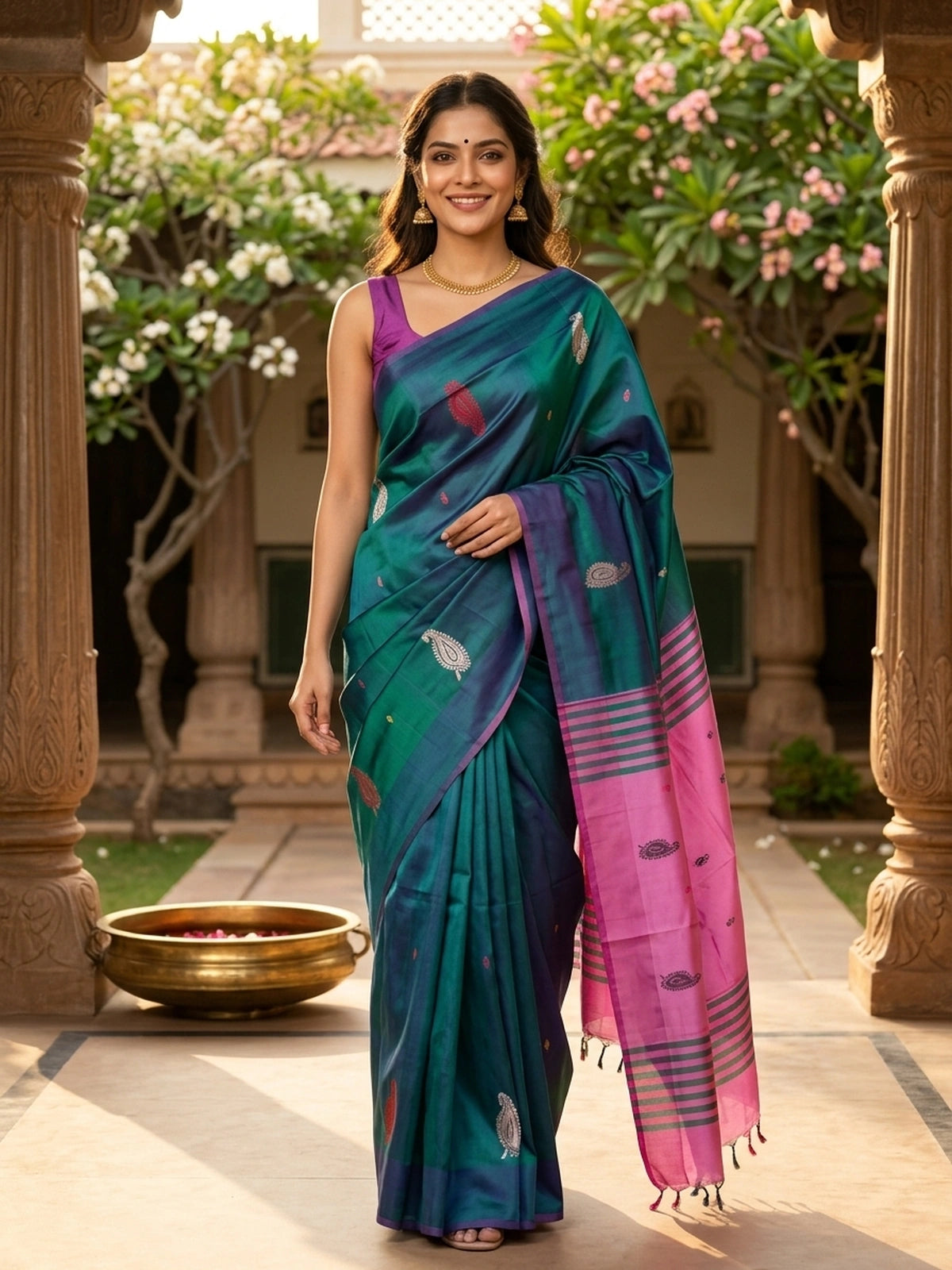 Teal green and pink banana silk saree with paisley butas and striped contrast pallu