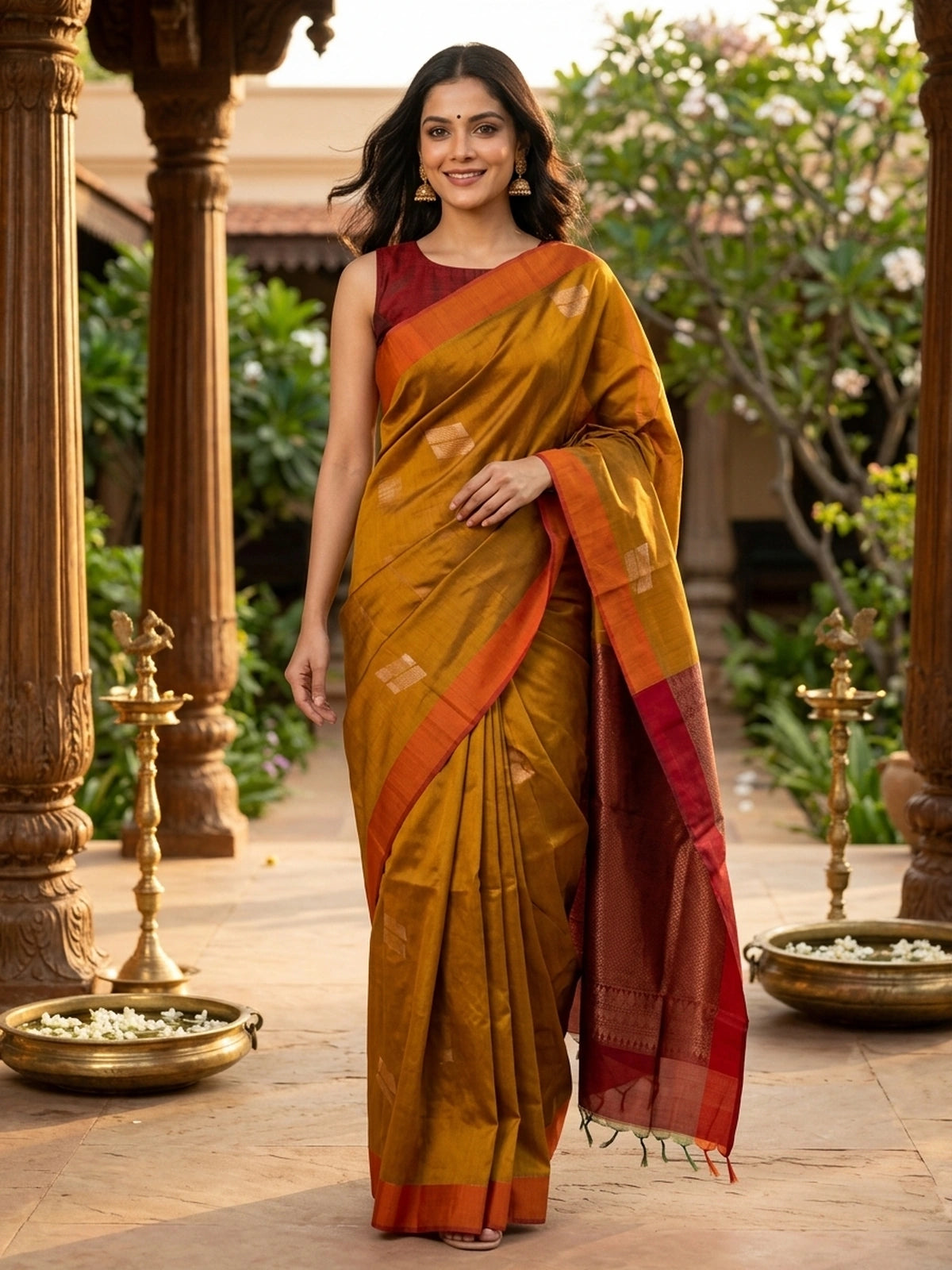 Mustard silk cotton saree with orange border, zari buttas, and a maroon copper-zari pallu