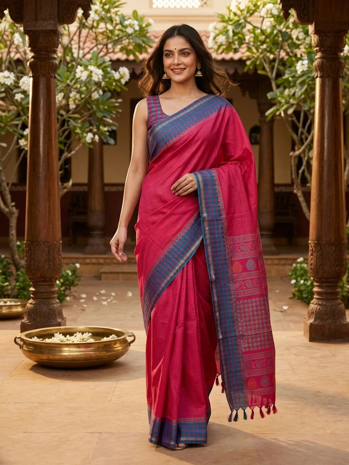 Magenta pink Dola silk saree with yellow checks, teal blue contrast checked border and paisley pallu