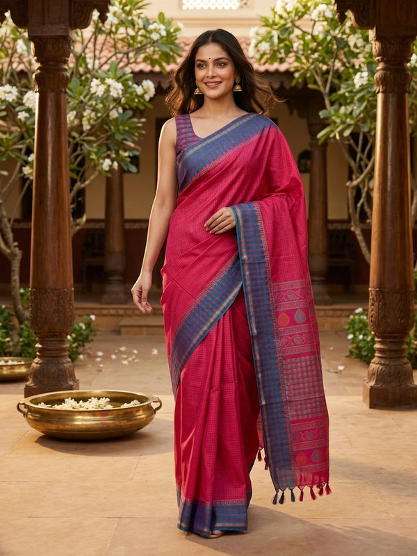 Magenta pink Dola silk saree with yellow checks, teal blue contrast checked border and paisley pallu