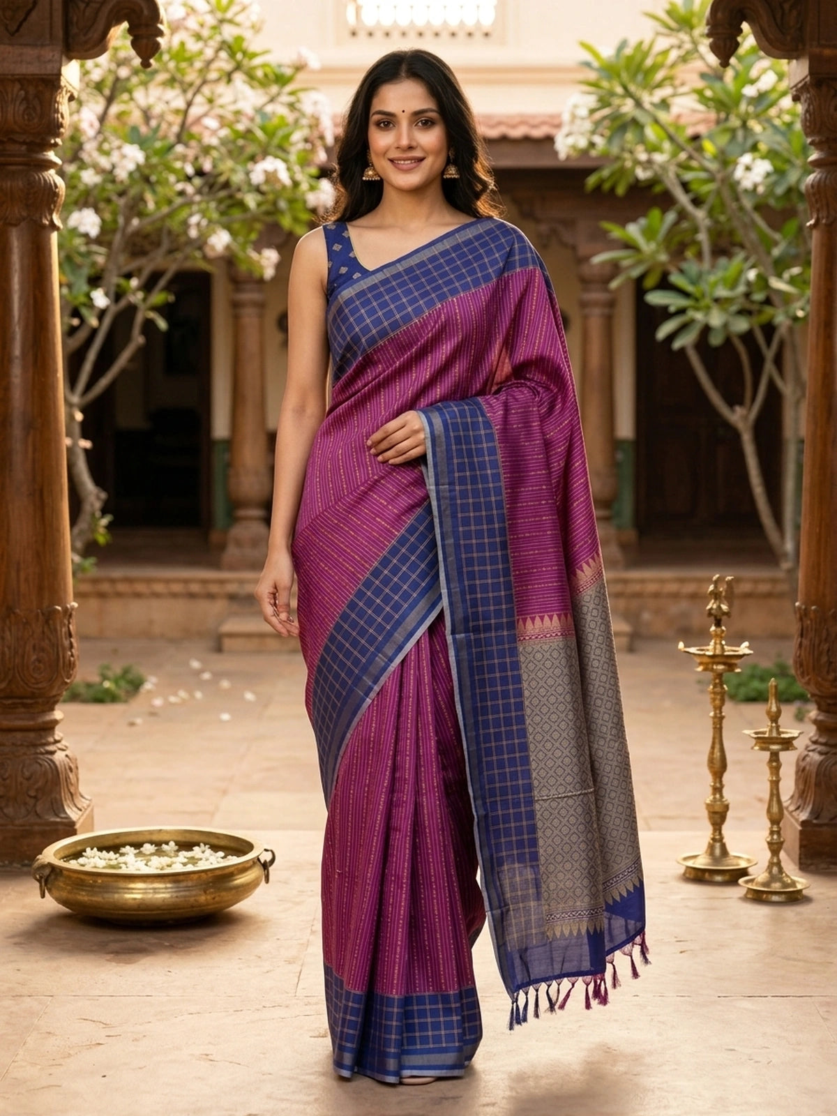 Magenta Dola silk saree with blue contrast zari border and woven geometric pallu