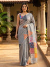 Grey and Multicolour Linen Cotton Saree